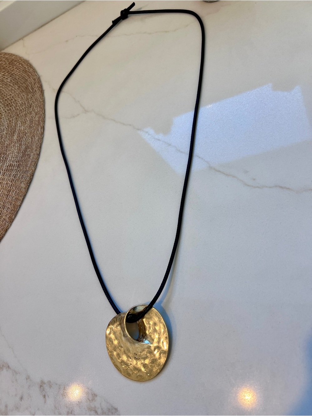 Hammered Gold Pendant Necklace on Black Cord